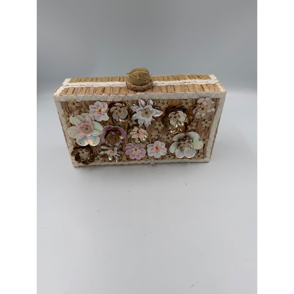 Hat Attack Raffia Floral Sequin Box Clutch Bag Tan Gold Chain Strap Evening Bag - Picture 3 of 7